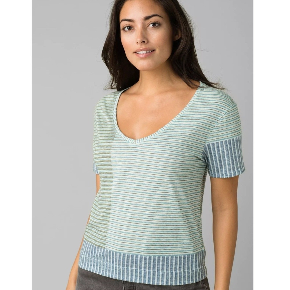 Prana Free Float Top Striped Colorblock Crop T-Shirt Short Sleeve Womens XL Blue